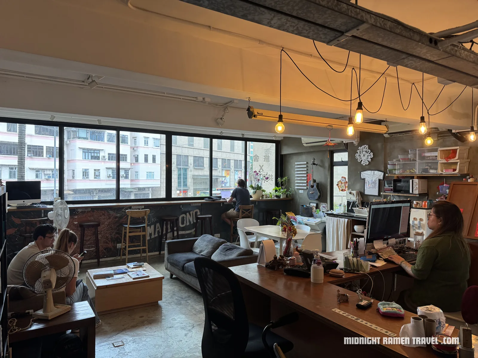 The common area at the cosy Mahjong Hostel in To Kwa Wan