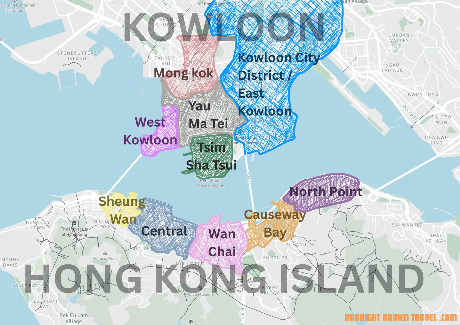 Map of Kowloon and Hong Kong Island and the different areas